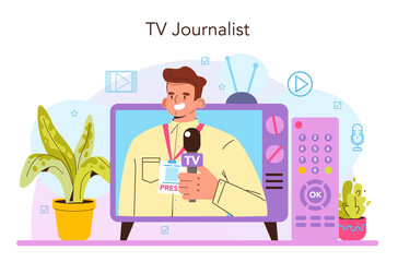 TV presenter concept. Television host in a studio doing an entertaining show