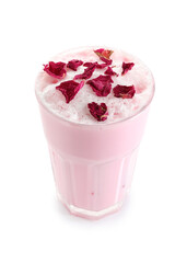 Glass of tasty rose latte on white background