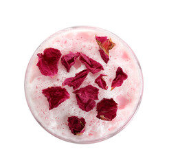 Glass of tasty rose latte on white background