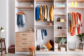 Walk-in closet with stylish female clothes - Powered by Adobe