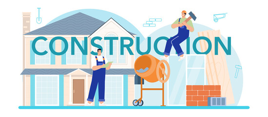 Construction typographic header. House and road building process.