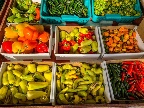 Colourful peppers at a farmers market in Keremeos, BC