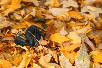 Used medical mask on autumn leaves in park