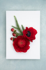 Red anemone and ranunculus fresh flower holiday bunch