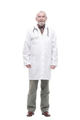 elderly competent doctor with a stethoscope. isolated on a white