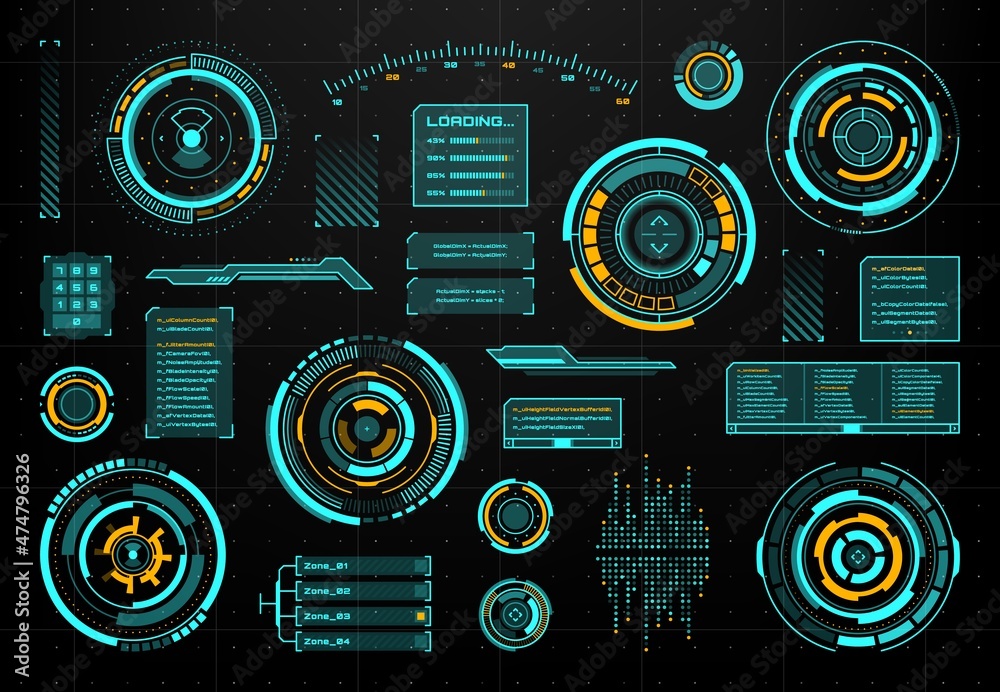 Leinwandbilder HUD touch user interface, futuristic circular panels or bars and text boxes. HUD UI vector screen with equalizer scales and smart controls, digital touchscreen or dashboard display technology
