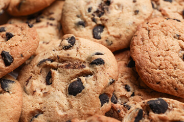 Tasty homemade cookies with chocolate chips, closeup