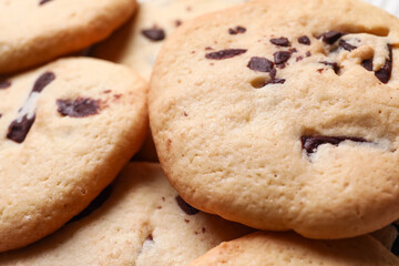 Tasty homemade cookies with chocolate chips, closeup