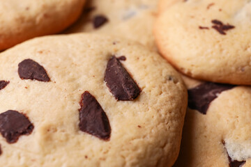 Tasty homemade cookies with chocolate chips, closeup