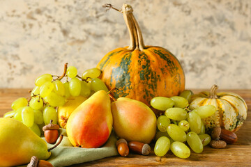 Different healthy food on table, closeup. Harvest festival