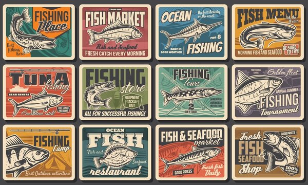 Fishing, fish catch tournament and fisher tours, vector retro posters. Fish and seafood restaurant, fishery market and fisherman equipment rods, tackles and lures ocean tuna, sea trout and river pike