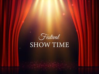 Realistic red curtains and stage with fairy glow, vector background. Theater, cinema or movie, circus, opera or concert hall show time announcement performance scene with spotlight illumination