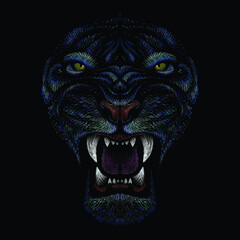 The Vector logo tiger for tattoo or T-shirt design or outwear.  Hunting style big cat 2022 print on black background. This hand drawing is for black fabric or canvas.