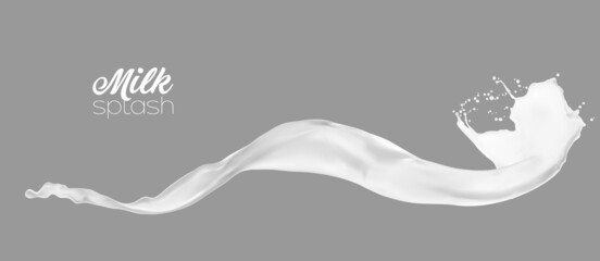 Long milk, yogurt or cream wave splash with drops, vector isolated dairy swirl. Realistic white milky drink pour flow or spill wave with splatters in swirl, dairy food yogurt or milkshake