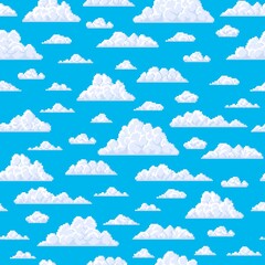 Seamless pattern, white pixel fluffy bubble clouds on blue sky, vector background. Cartoon 8 bit game clouds for game UI levels, cloudscape with cloudy sky for pixel art of computer 8bit animation
