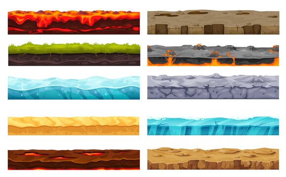 Soil ground layer, cartoon game level surface landscape. Vector grass, stone, snow and rock land, desert sand, water, lava and ice field, with roots, bubbles, cracks and holes, game ui or gui design