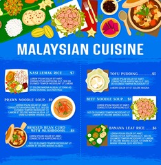 Malaysian cuisine menu template vector dishes beef noodle soup, banana leaf rice and tofu pudding with nasi lemak rice. Prawn noodle soup and braised bean curd with mushrooms Malaysia food meals
