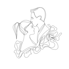 Minimalistic outline portrait of young couple man and woman in contour style on white background. Guy kissing girlfriend,hand drawing.Vector illustration 