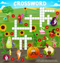 Cartoon farm vegetable wizards and sorcerers, crossword puzzle vector game grid. Find a word education quiz worksheet with cute carrot, tomato, broccoli and garlic, pepper and zucchini characters