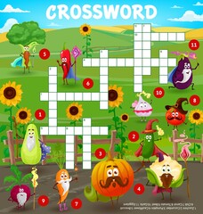 Fototapeta premium Cartoon farm vegetable wizards and sorcerers, crossword puzzle vector game grid. Find a word education quiz worksheet with cute carrot, tomato, broccoli and garlic, pepper and zucchini characters