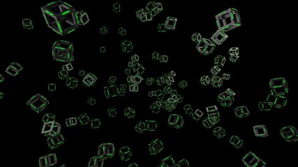 Green illuminated carbon fiber reinforced cube under black background. Block chain network technology concept illustration. 3D illustration. 3D CG. 3D high quality rendering. 
