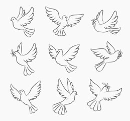 Christmas dove and pigeon bird vector silhouettes of Xmas tree decorations. Christian religion symbols of peace, hope and love, doves flying with olive branches and spread wings, isolated background - obrazy, fototapety, plakaty