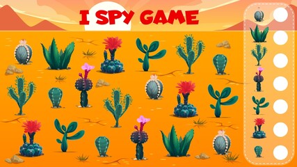 I spy game worksheet. Mexican cactus succulent plants in desert vector background. Kids education puzzle or counting riddle, find and count of saguaro, opuntia, indian fig and chin cacti