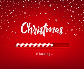 Christmas loading progress bar with realistic vector candy cane on red background with white snow and snowflakes. Xmas sweet food stick with load level, Christmas and winter holiday countdown design