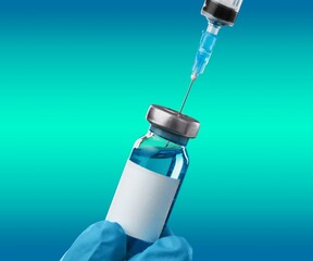 Glass bottle with injection shot, hand in blue gloves holding syringe with needle