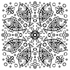Hand draw of mandala with fish ornament pattern