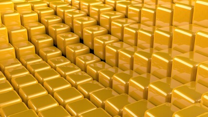 Abstract background with waves made of a lot of yellow cubes geometry primitive forms that goes up and down under black-white lighting. 3D illustration. 3D CG. High resolution.