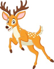 Cartoon funny deer jumping on white background