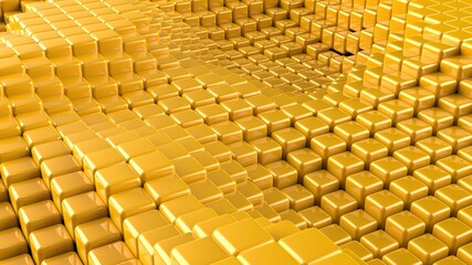 Abstract background with waves made of a lot of yellow cubes geometry primitive forms that goes up and down under black-white lighting. 3D illustration. 3D CG. High resolution.