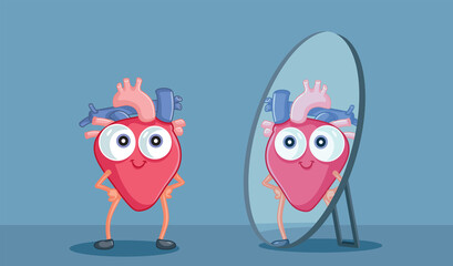 Introspective Heart Looking in the Mirror Vector Cartoon Illustration