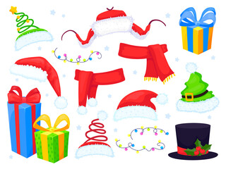 Set of winter hats, gifts and scarfs on white background. Vector illustration in cartoon style. All elements are isolated.