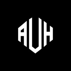 AUH letter logo design with polygon shape. AUH polygon and cube shape logo design. AUH hexagon vector logo template white and black colors. AUH monogram, business and real estate logo.