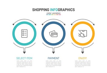 Concept of shopping process with 3 successive steps. Three colorful graphic elements. Timeline design for brochure, presentation, web site. Infographic design layout.