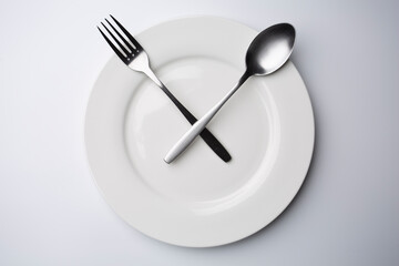 clock white plate with stainless spoon and fork eating time meal concept