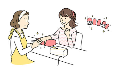 Illustration of a woman doing nails, upper body.