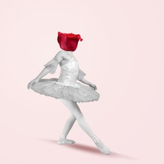 Graceful ballerina and red rose. Female beauty portrait with flowers on a background