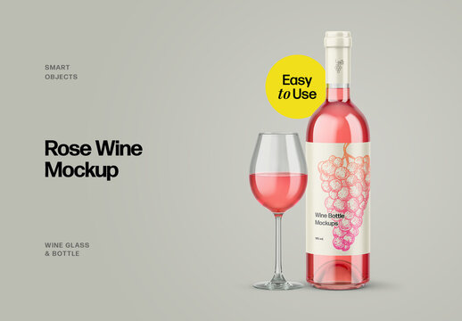 Rose Wine Glass and Bottle Mockups