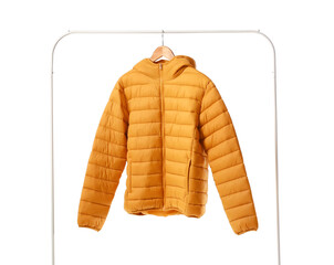 Rack with stylish down jacket on white background