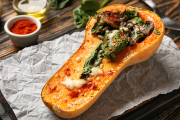 Board with tasty stuffed pumpkin on wooden background