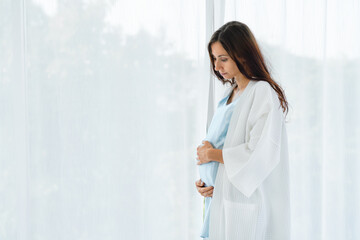 pregnant woman standing at home with hands touching stomach