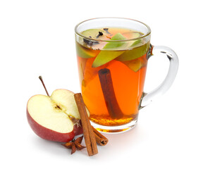 Glass cup of tasty fruit tea with cinnamon on white background