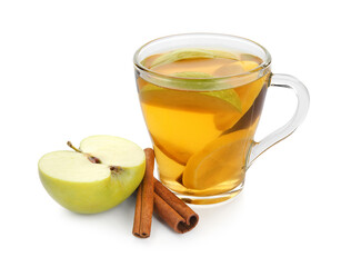 Glass cup of tasty fruit tea with cinnamon on white background