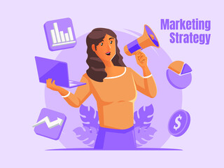 Fototapeta premium Woman using laptop and megaphone Marketing strategy concept 