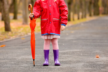 Little girl with umbrella walking in autumn park
