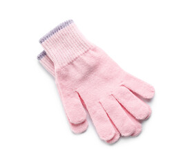 Pink warm gloves on white background