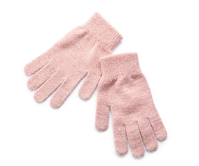 Pink warm gloves on white background
